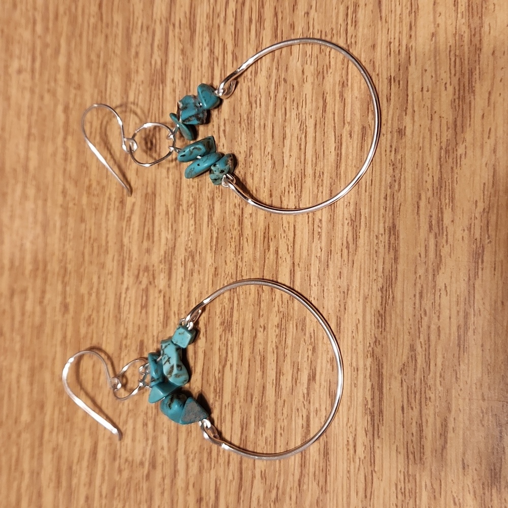 Silver Hoop Earrings with Turquoise Stones